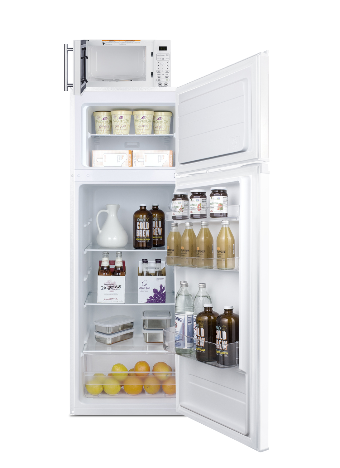 2-door mid-sized refrigerator-freezer and compact microwave in white with allocator and USB ports for 1-plug operation; ships in three boxes on one pallet